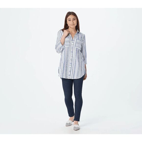 Susan Graver Womens 3X Yarn Dyed Button Front Shirt Blue Stripe Chest Pockets NW - Picture 1 of 4